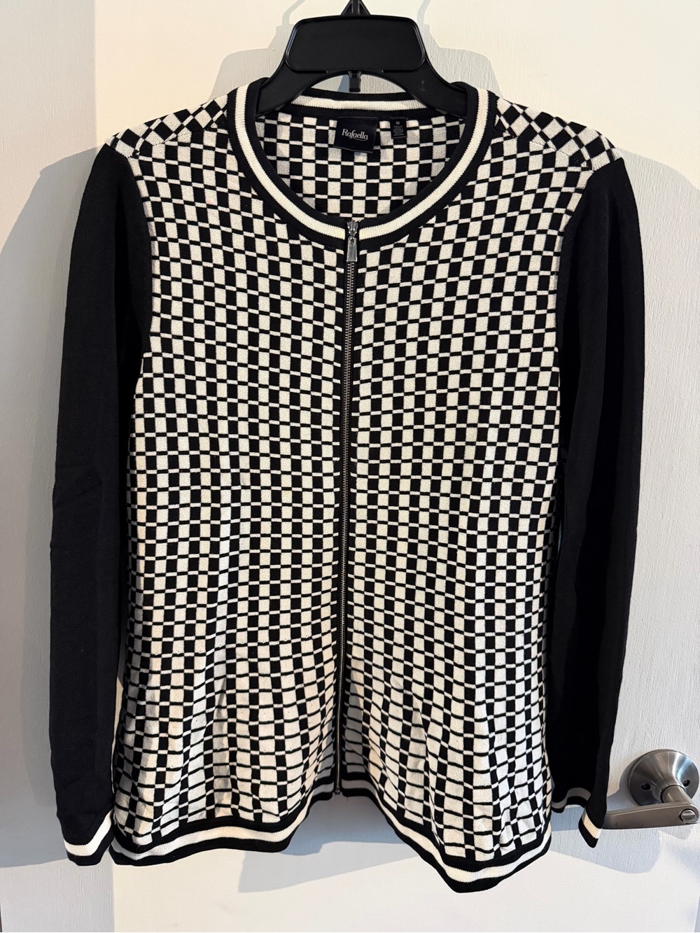 Rafaella Black & White Checkerboard Zip Front Cardigan